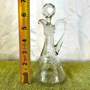 Oil Cruet Decanter w/ Stopper Cut Glass Crystal Etched Floral 7”